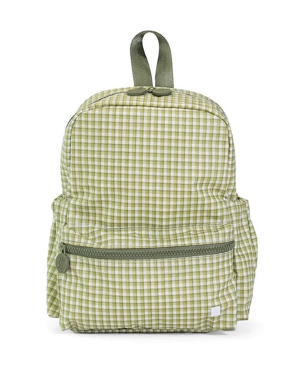 Green checkered backpack on a white background