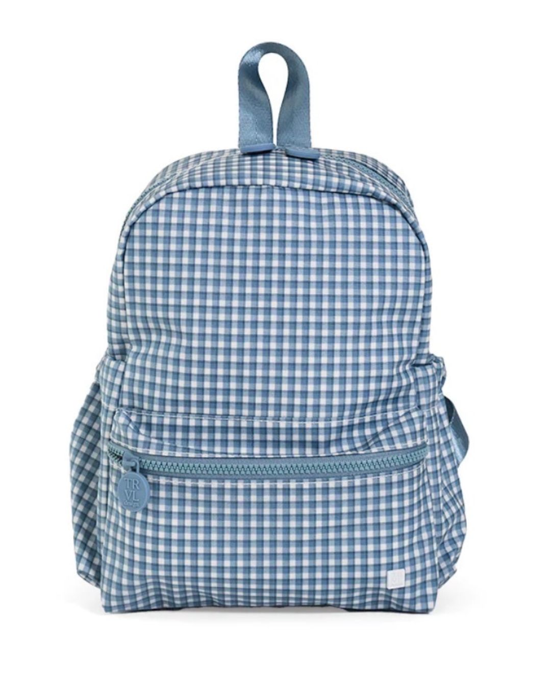 Blue and white checkered backpack on a white background