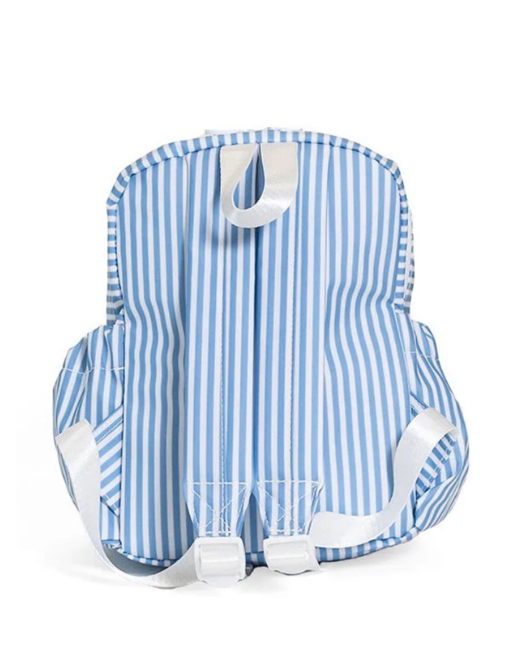 Blue and white striped baby seat cover on a white background