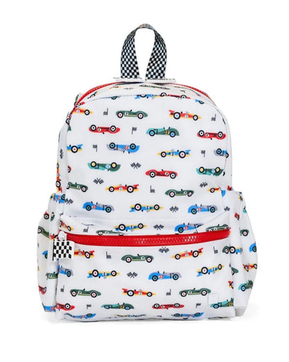 Backpack with race car pattern on a white background