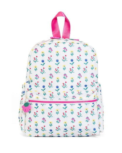 Backpack with floral pattern and pink accents on a white background