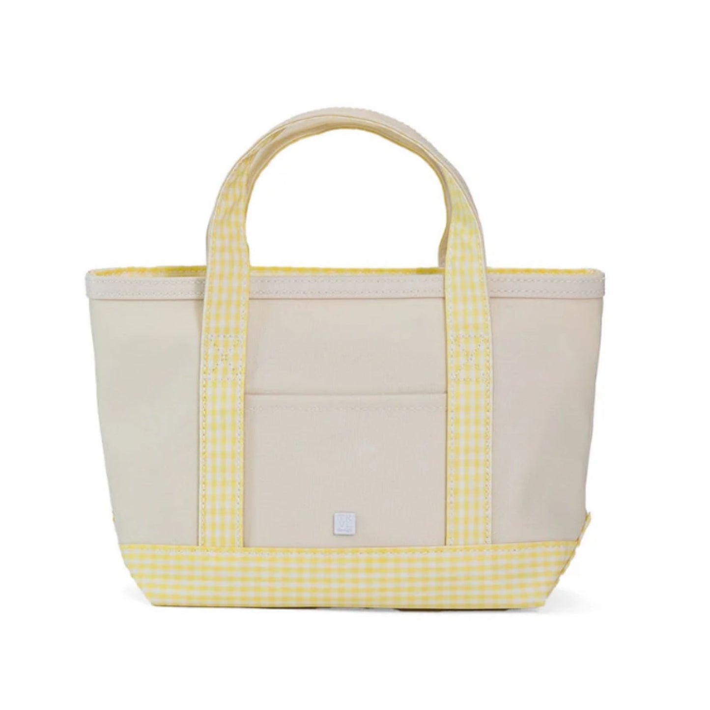 Beige and yellow checkered tote bag on a white background