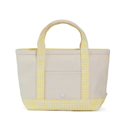 Beige and yellow checkered tote bag on a white background
