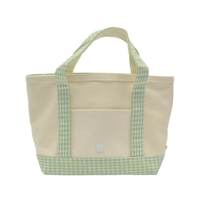 Small cream tote with green gingham trim 