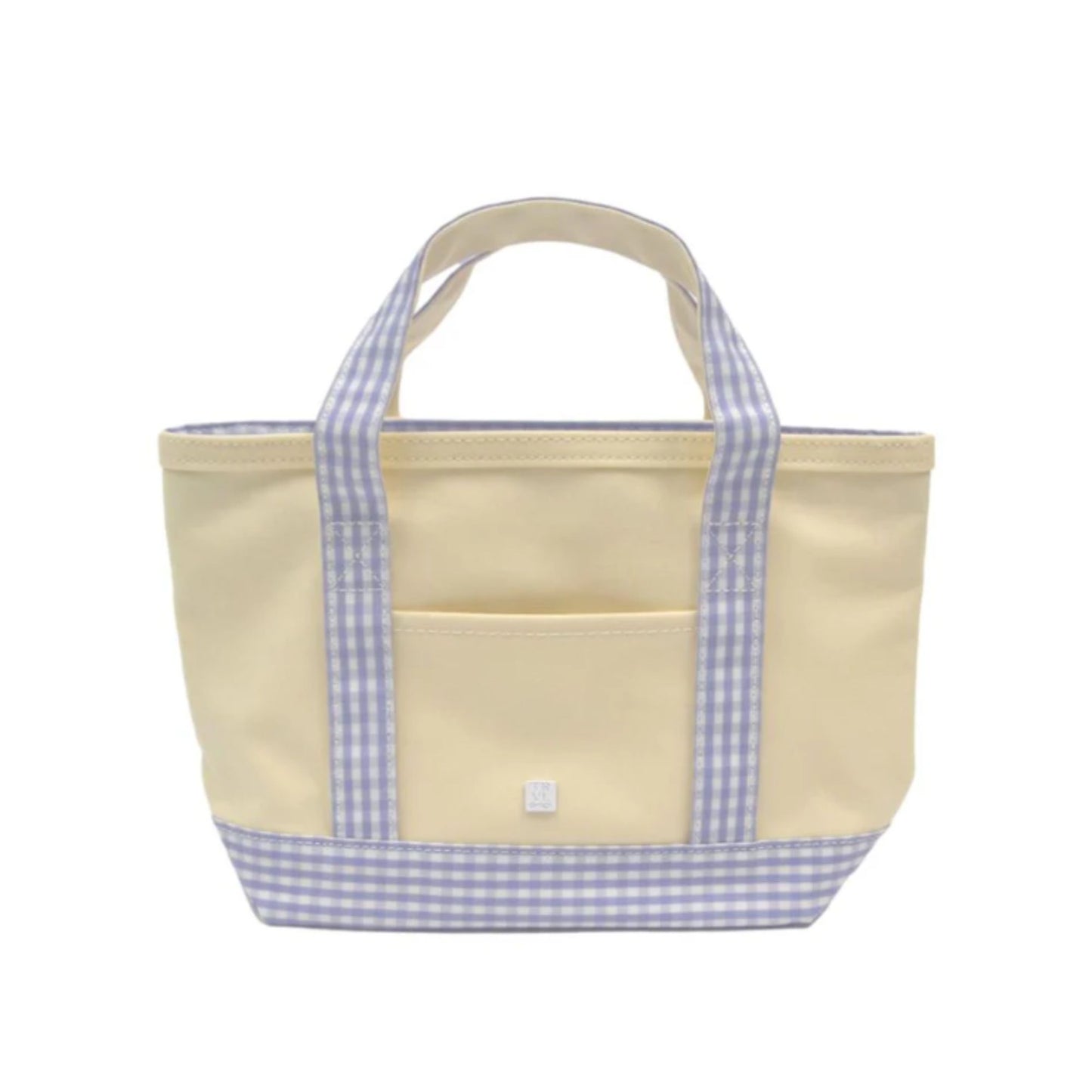 Beige tote bag with purple gingham accents on a white background