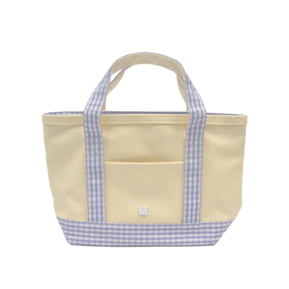 Beige tote bag with purple gingham accents on a white background