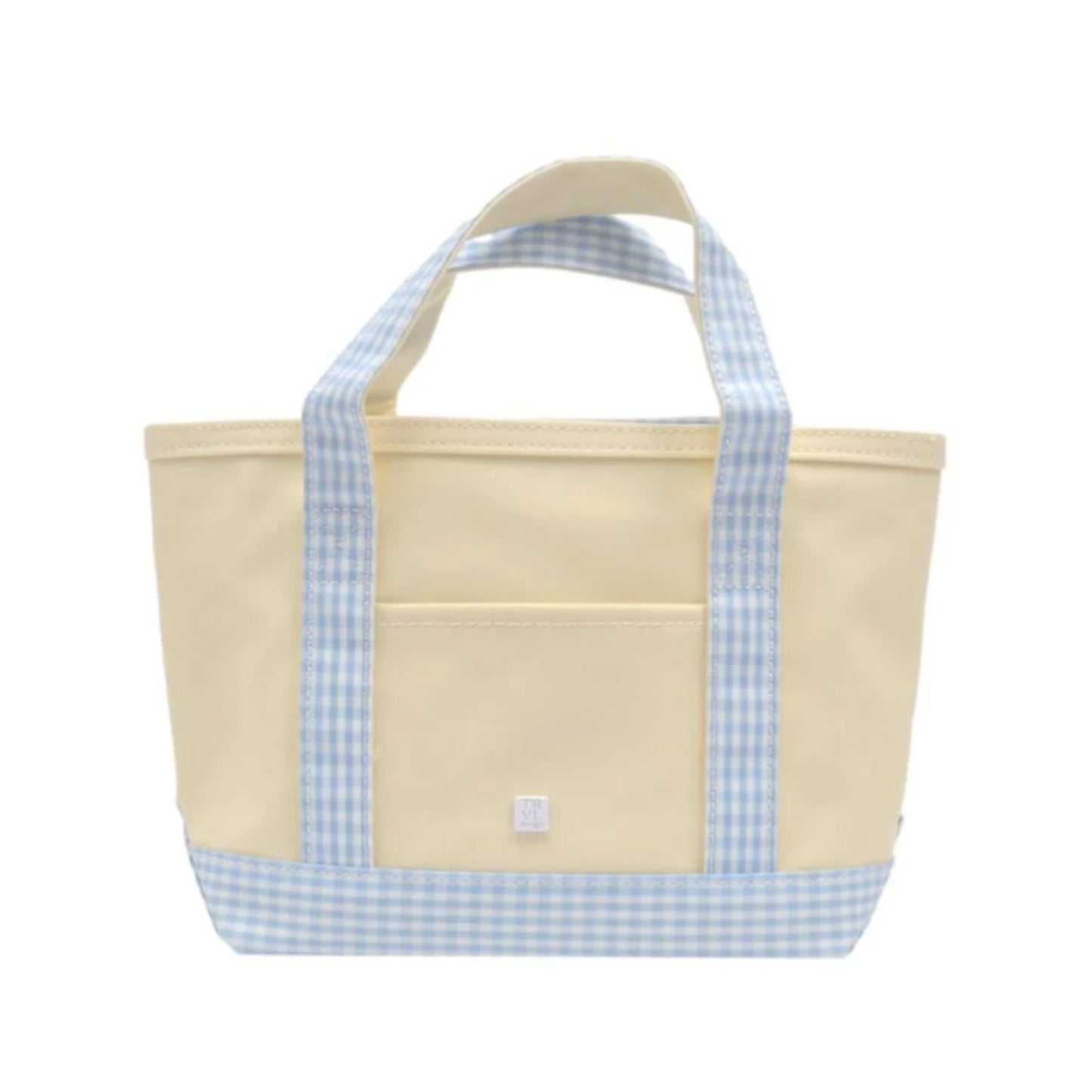 Beige tote bag with blue gingham straps on a white background