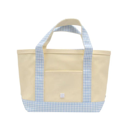 Beige tote bag with blue gingham straps on a white background