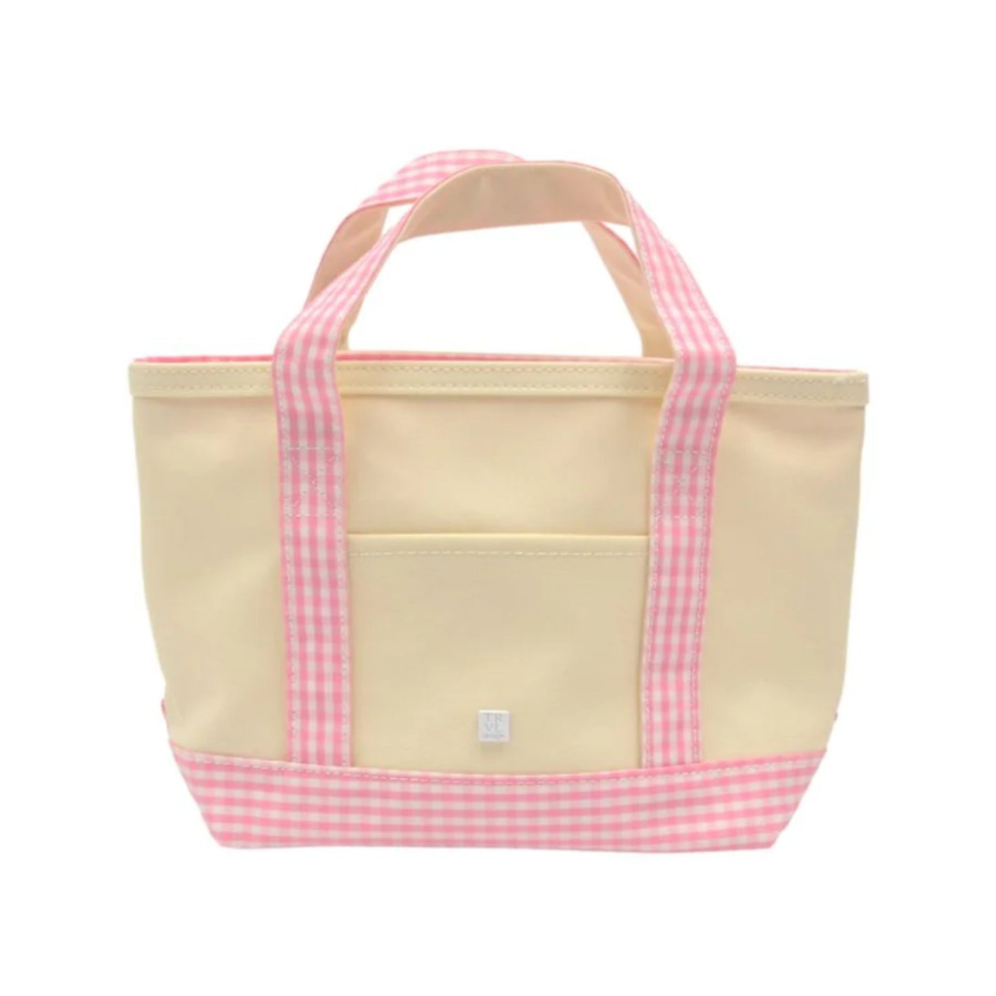 Beige tote bag with pink gingham trim on a white background