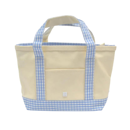 Beige tote bag with blue gingham accents on a white background