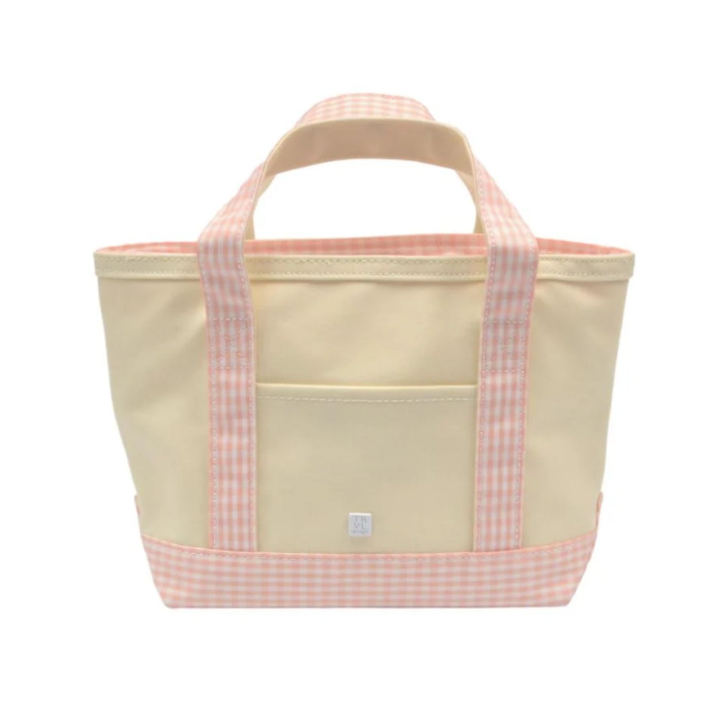Small beige tote with taffy gingham handle