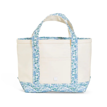 Tote with blue and white pattern on a white background