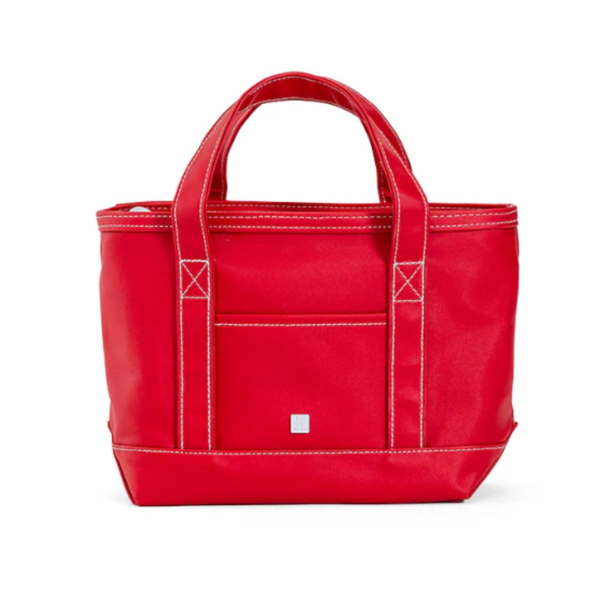 Red tote bag with white stitching on a white background