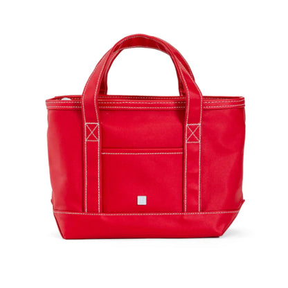 Red tote bag with white stitching on a white background