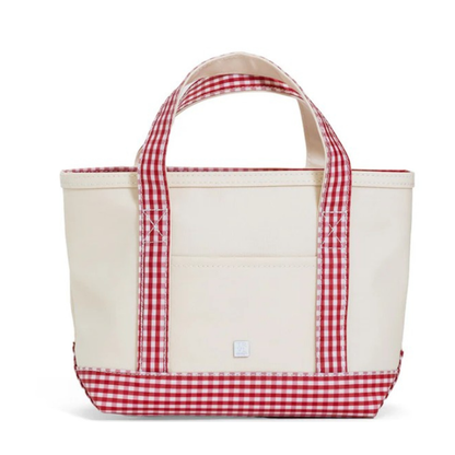 White tote bag with red gingham pattern on handles and base on a white background