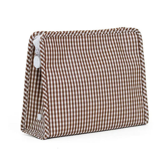 Brown and white checkered pouch on a white background