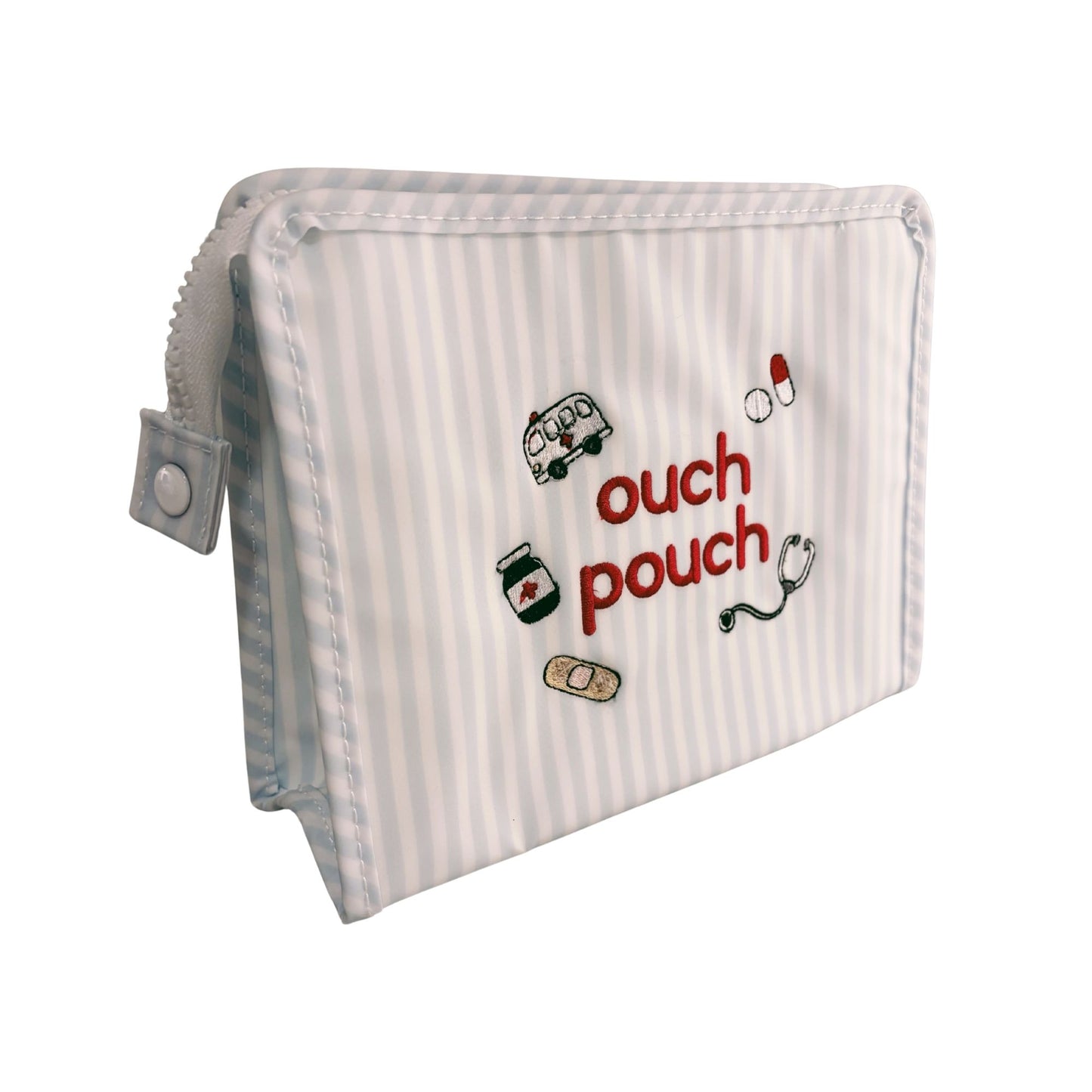 Striped pouch with 'ouch pouch' text and medical-themed icons on a white background