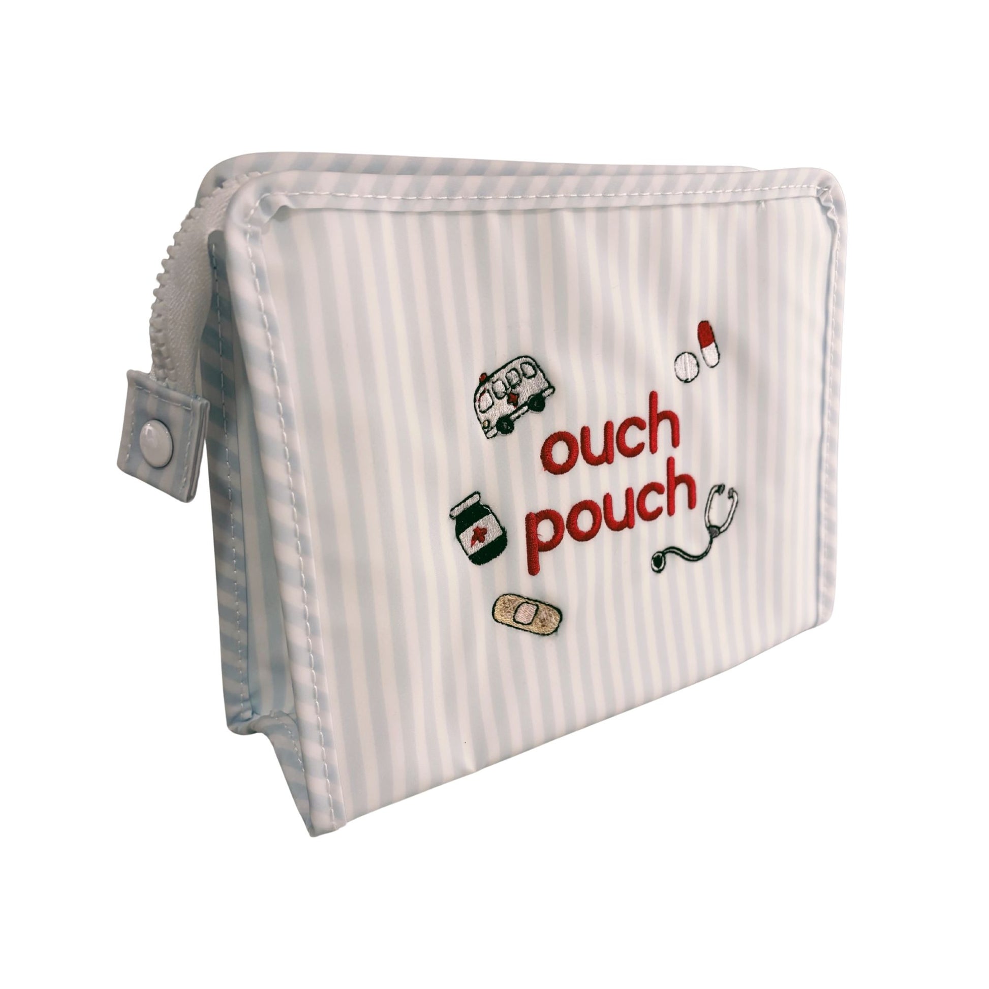 Striped pouch with 'ouch pouch' text and medical-themed icons on a white background