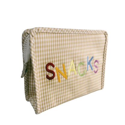 Beige checkered snack bag with colorful 'SNACKS' text on a white background