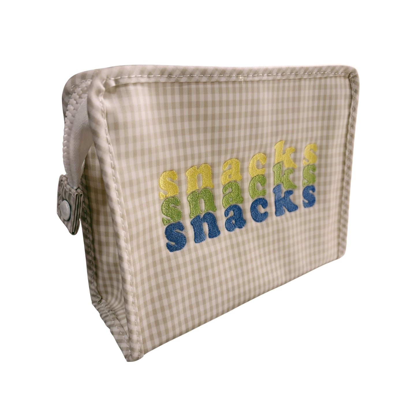 Beige checkered snack bag with colorful 'snacks' text on a white background