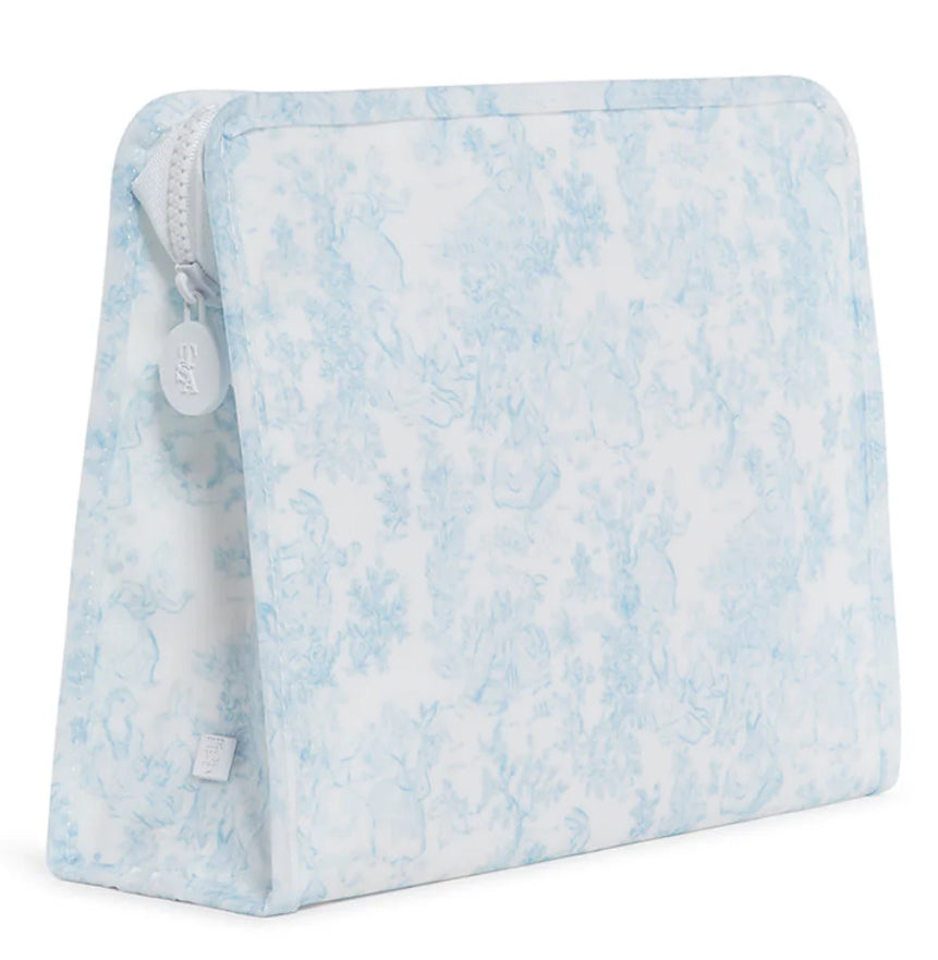 Zipper pouch with blue bunny toile pattern on white background