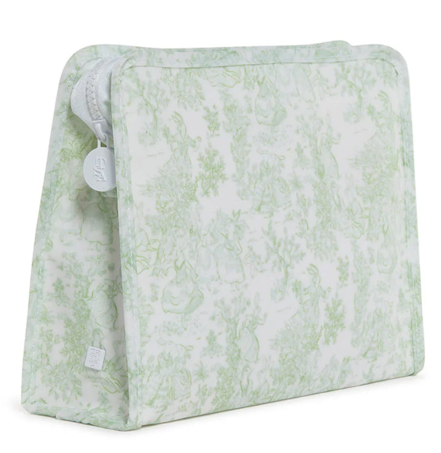 Zipper pouch with green bunny toile pattern on white background
