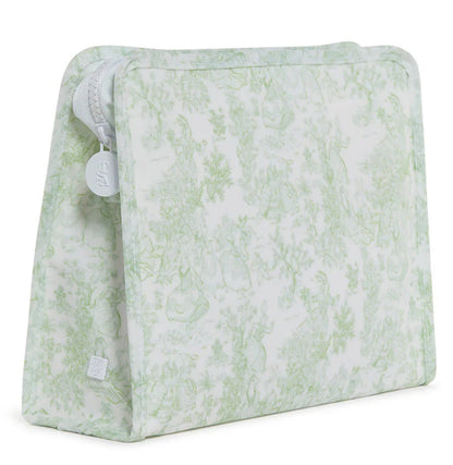 Zipper pouch with green bunny toile pattern on white background