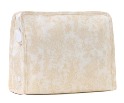 Beige toiletry bag with bunny toile pattern on a white background