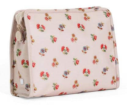 Floral-patterned toiletry bag on a white background