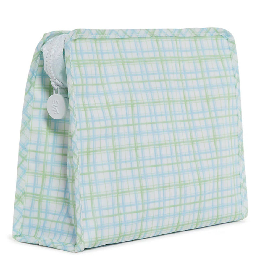 Green and blue plaid patterned pouch with a white zipper on a white background