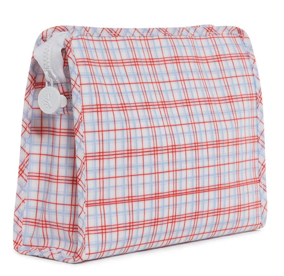 Red and light blue plaid patterned pouch with a white background