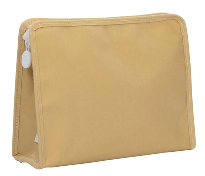 Beige toiletry bag with a white tag on a white background
