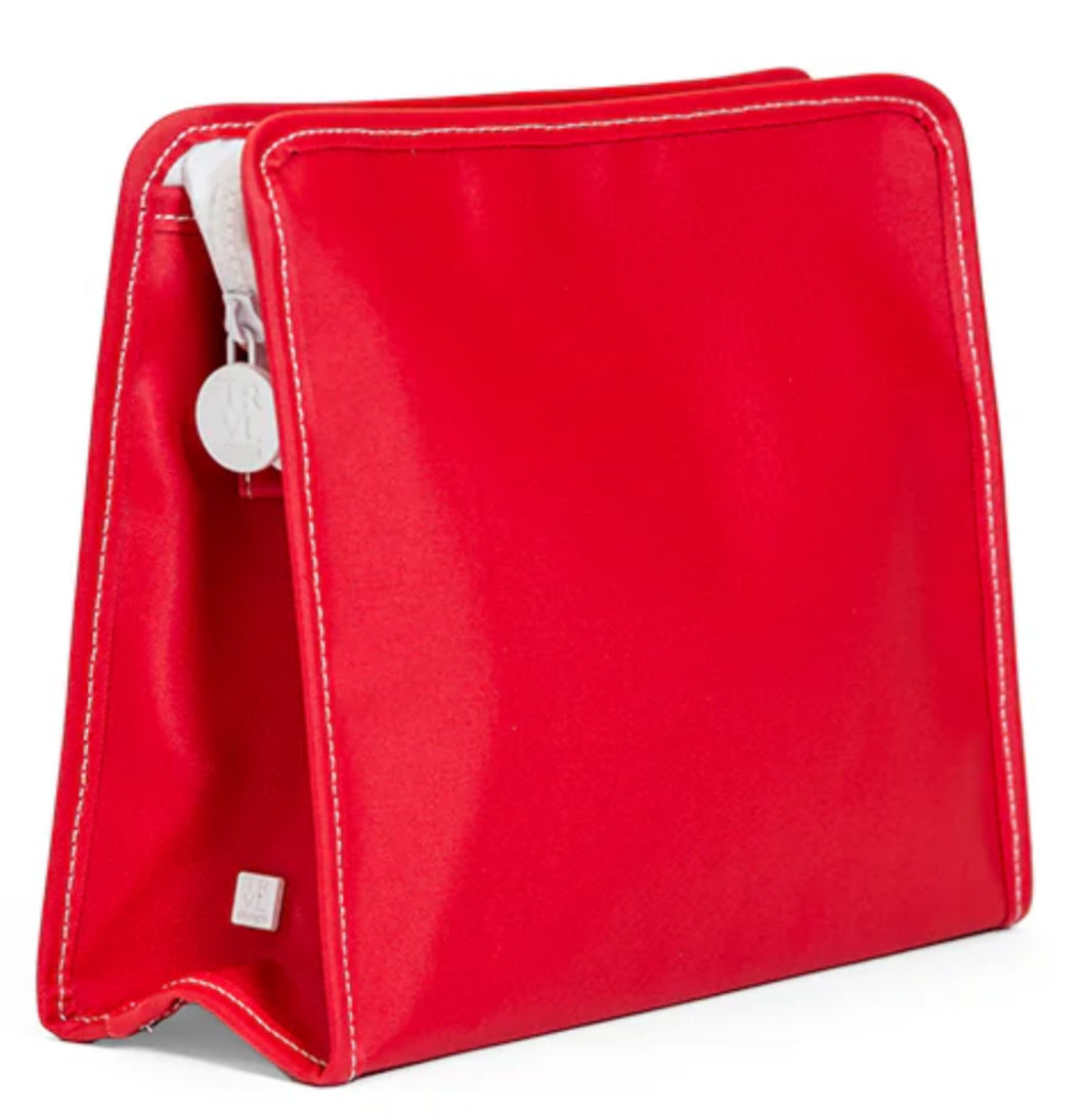 Red pouch with white stitching on a white background
