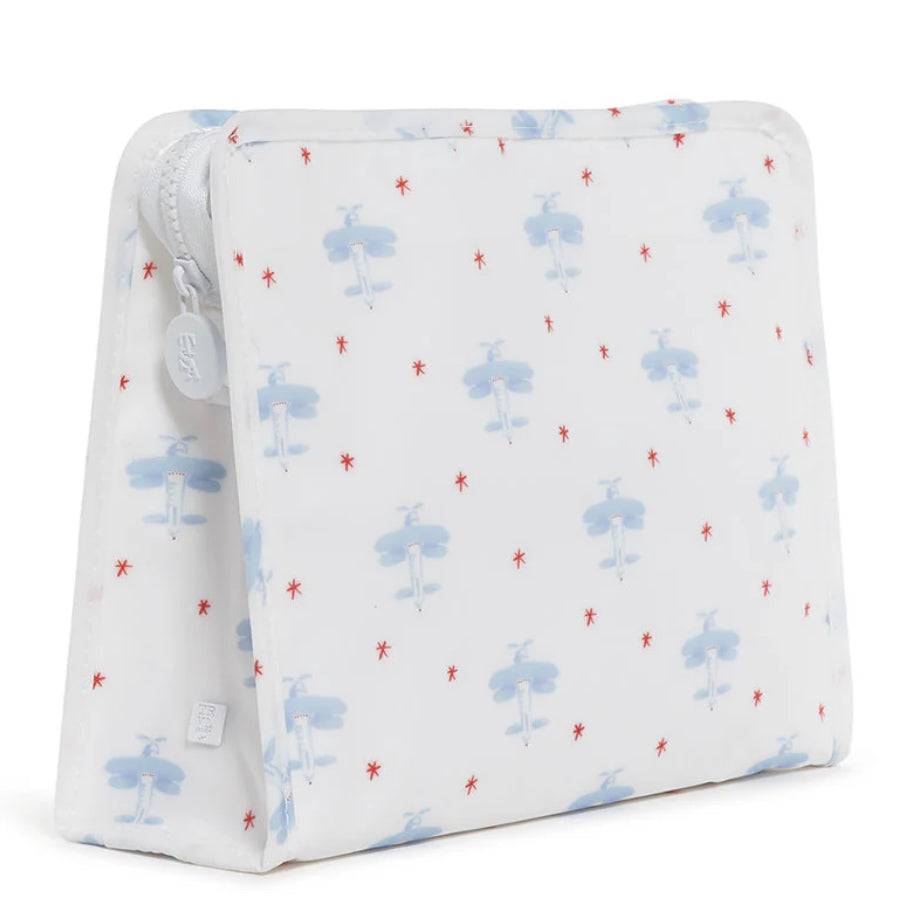 Zipper pouch with red star and blue airplane pattern on a white background