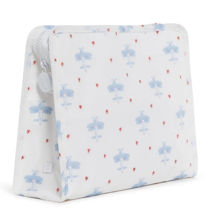 Zipper pouch with red star and blue airplane pattern on a white background