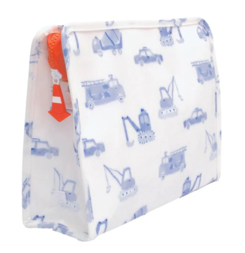 White pouch with blue construction vehicle prints on a white background