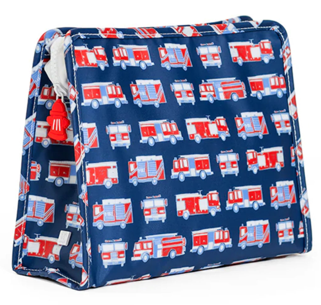 Cosmetic bag with fire truck pattern on a blue background