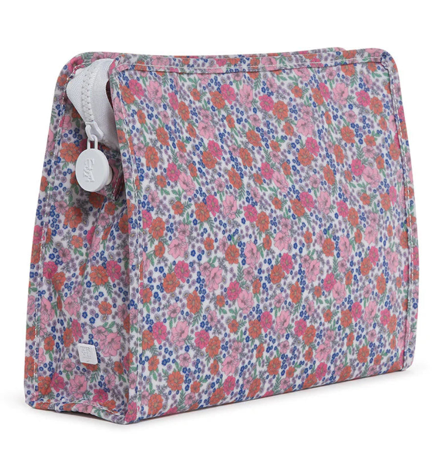 Floral patterned pouch with a zipper on a white background