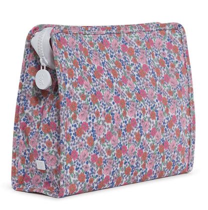 Floral patterned pouch with a zipper on a white background