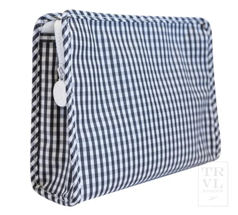 Black and white checkered pouch with a visible brand logo on a white background