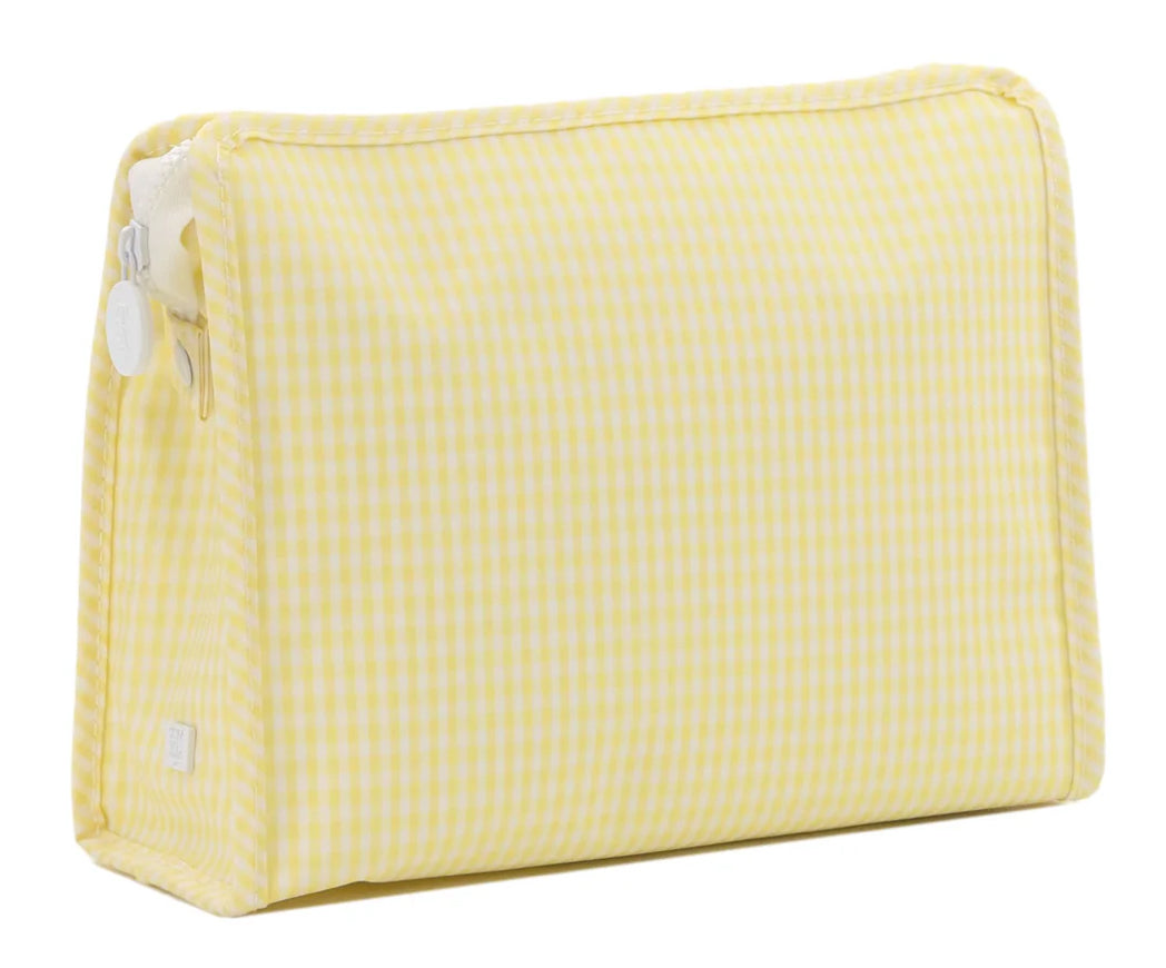 Yellow checkered toiletry bag on a white background