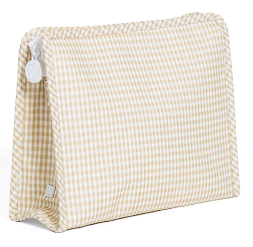 Khaki and white checkered pouch with a white tag on a white background