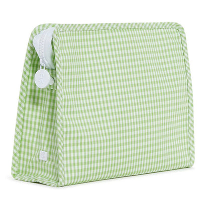 Green and white checkered pouch with a white tag on a white background