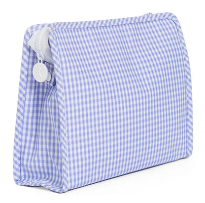 Purple and white checkered pouch with a zipper on a white background