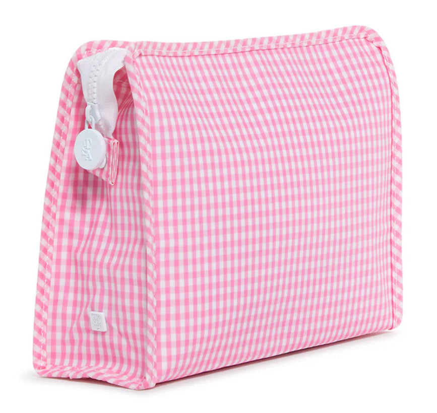 Pink gingham patterned pouch with white accents on a white background