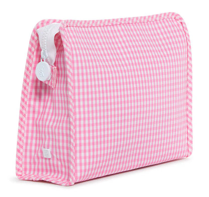 Pink gingham patterned pouch with white accents on a white background