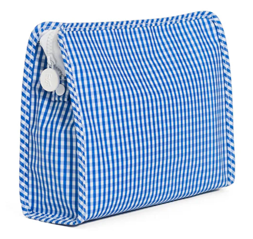 Blue and white checkered pouch with a zipper on a white background