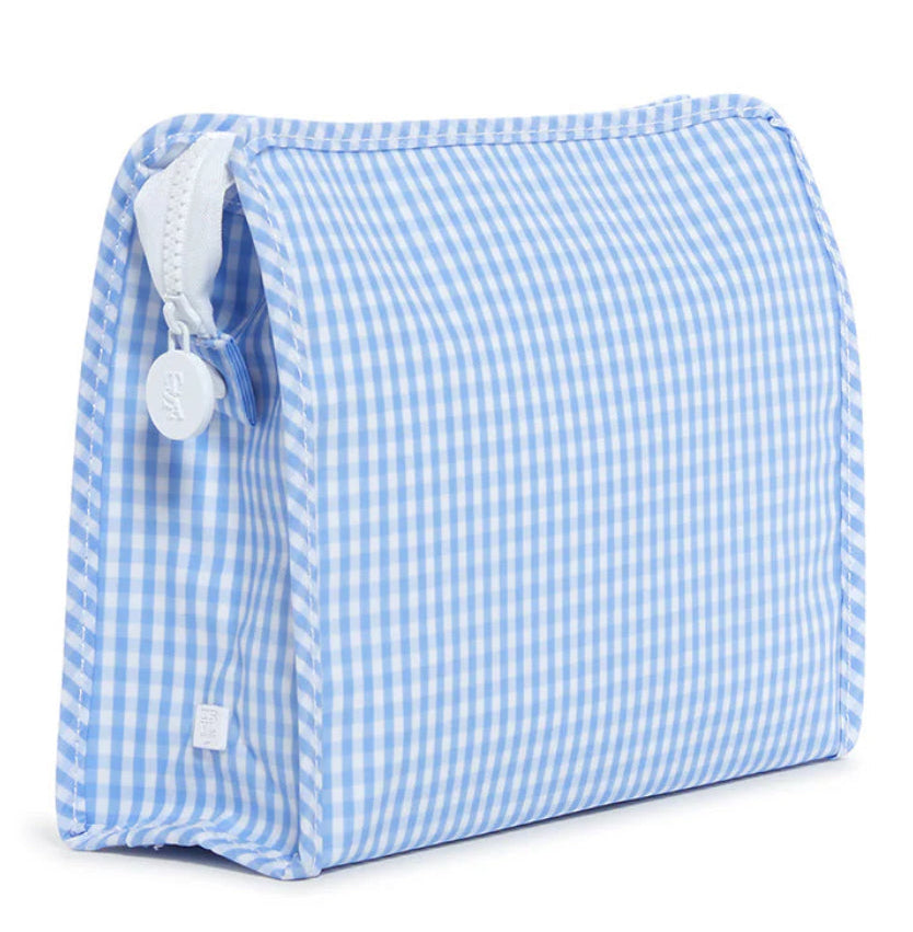 Light blue and white checkered toiletry bag on a white background