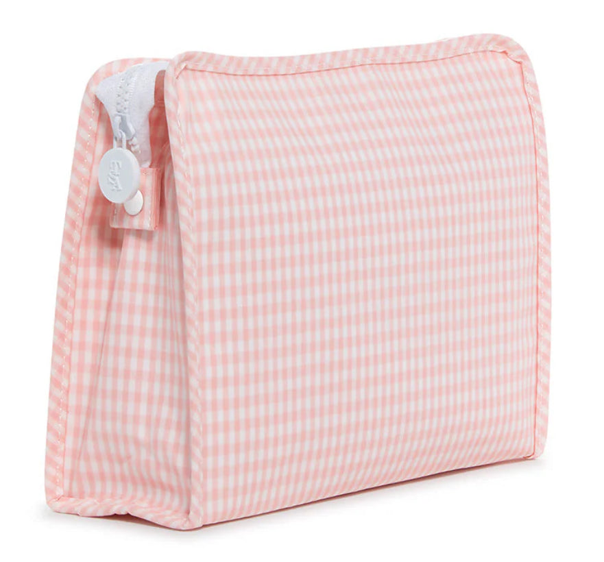Taffy pink gingham patterned pouch with a white zipper on a white background