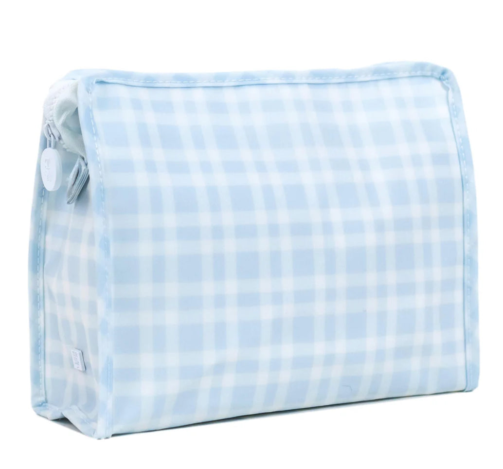 Blue and white checkered pouch on a white background
